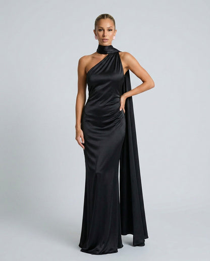 Satin Draped One Shoulder Maxi Dress