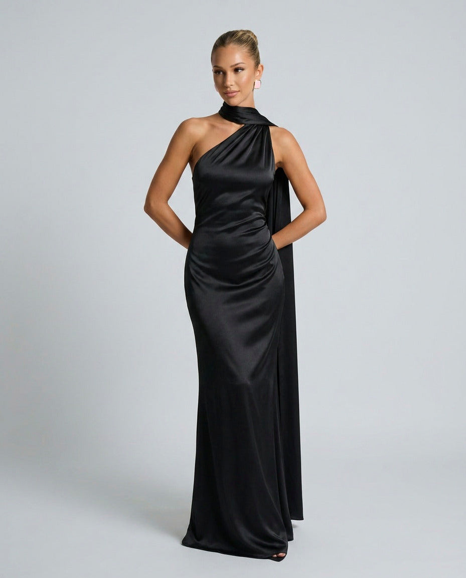 Satin Draped One Shoulder Maxi Dress