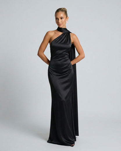 Satin Draped One Shoulder Maxi Dress