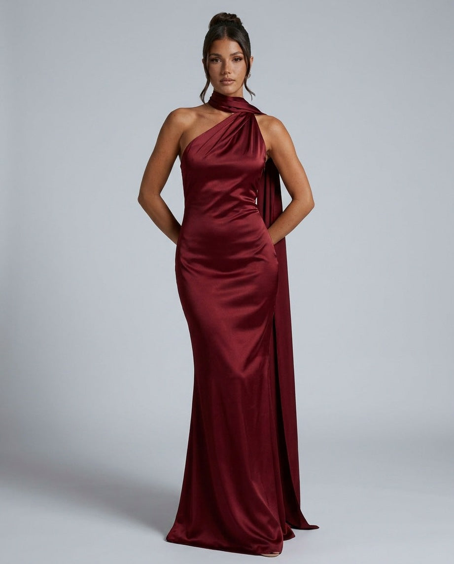 Satin Draped One Shoulder Maxi Dress