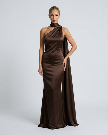 Satin Draped One Shoulder Maxi Dress
