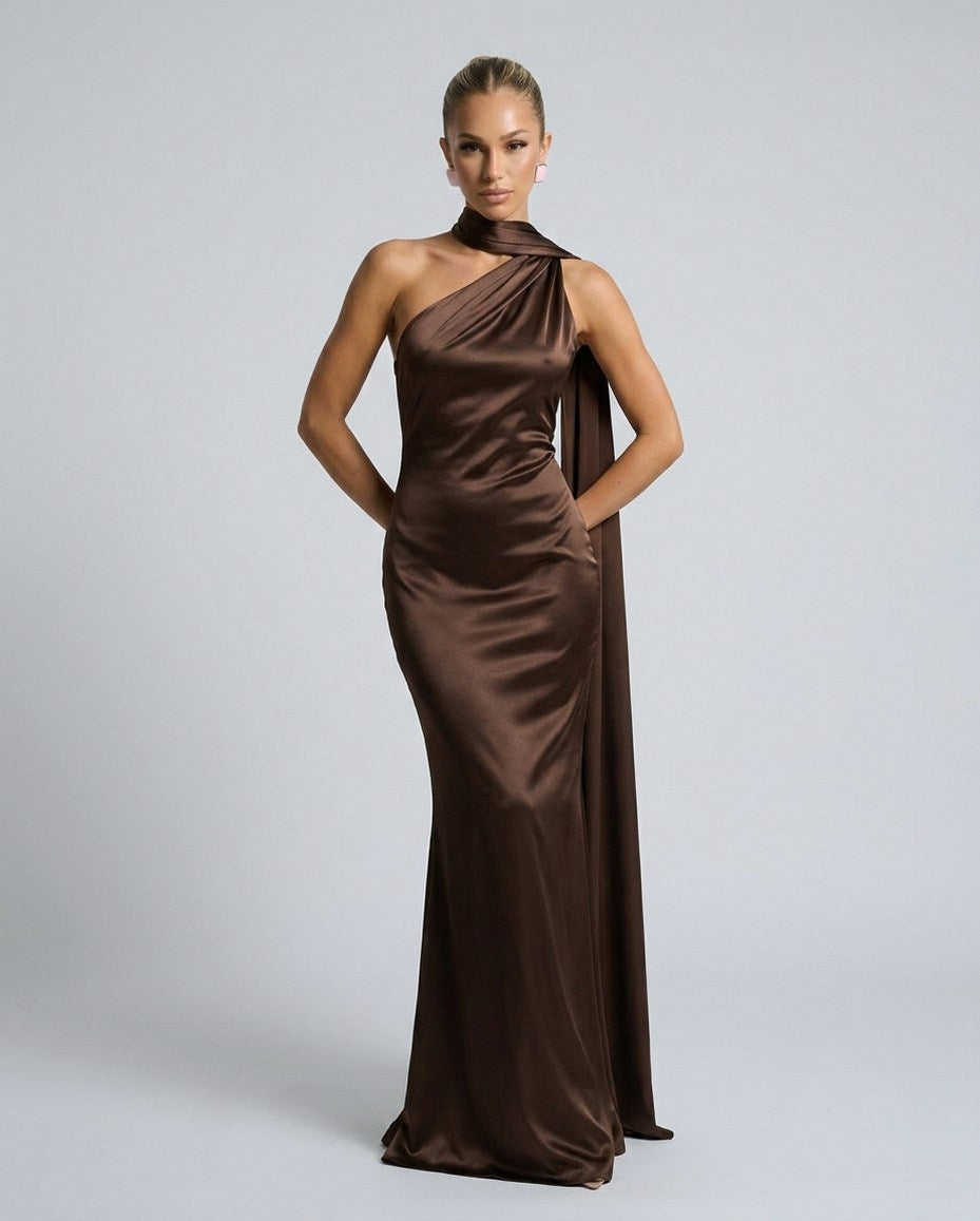 Satin Draped One Shoulder Maxi Dress