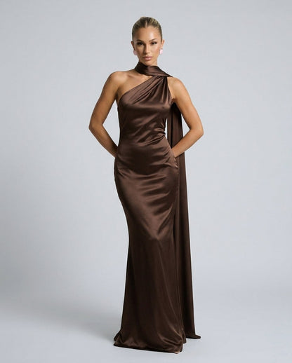 Satin Draped One Shoulder Maxi Dress