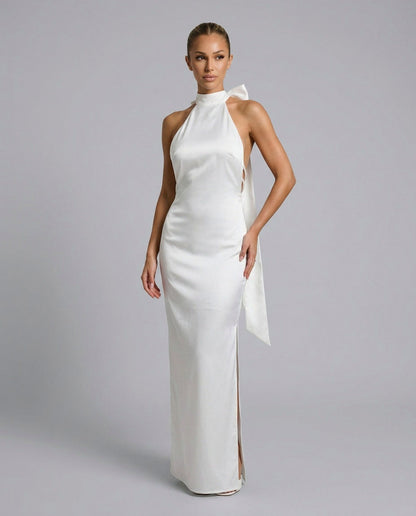 Satin Halter Bow Maxi Dress