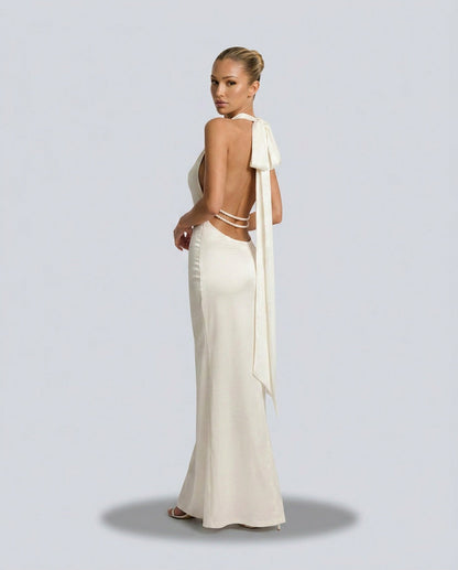 Satin Halter Bow Maxi Dress