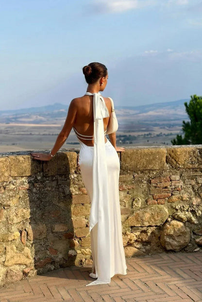 Satin Halter Bow Maxi Dress