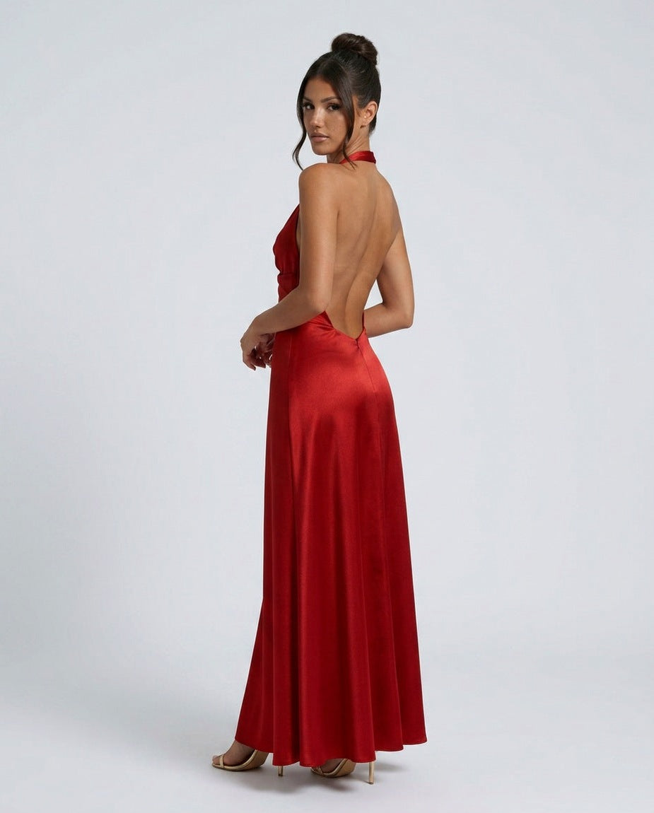 Satin Halter Cutout Maxi Dress