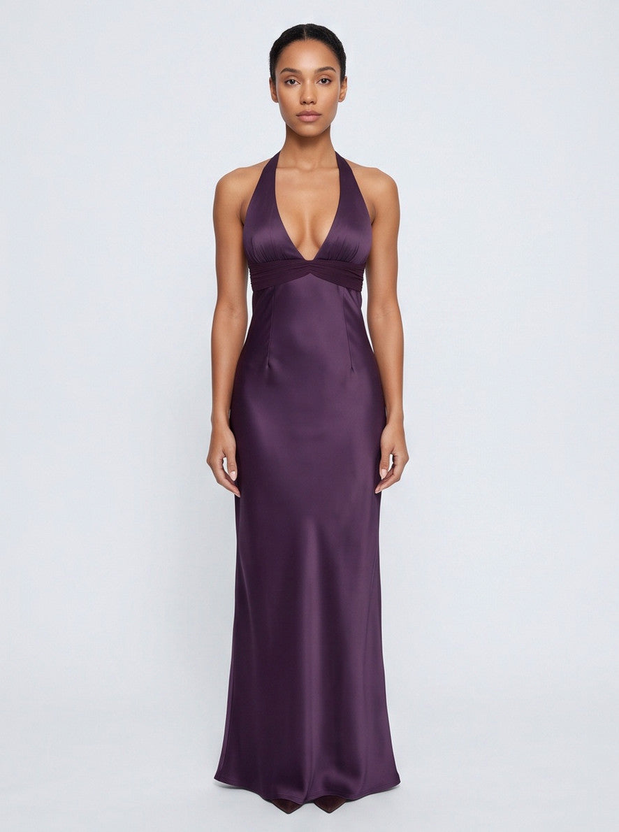 Satin Halter Plunge Maxi Dress