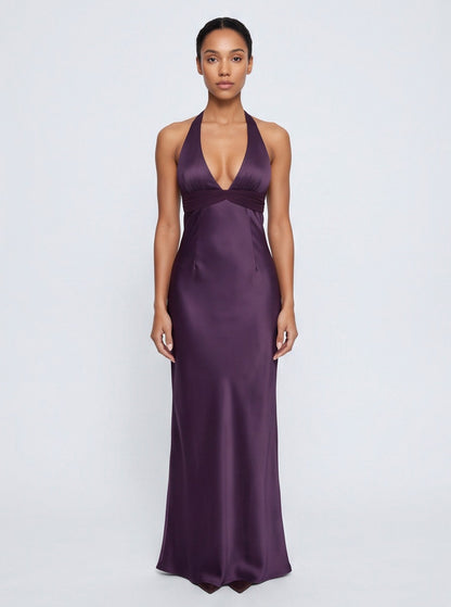 Satin Halter Plunge Maxi Dress