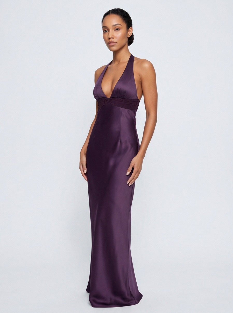 Satin Halter Plunge Maxi Dress