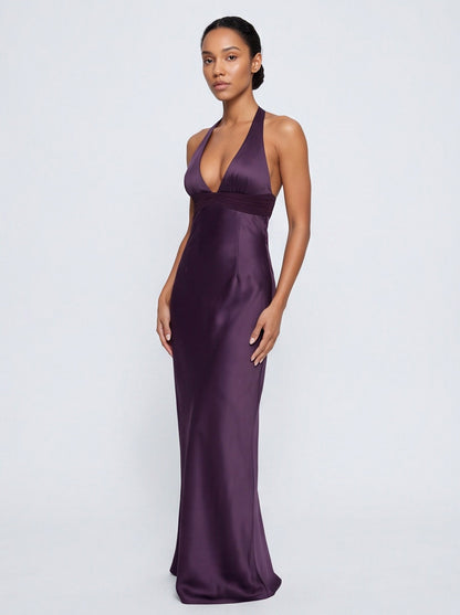 Satin Halter Plunge Maxi Dress