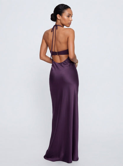 Satin Halter Plunge Maxi Dress