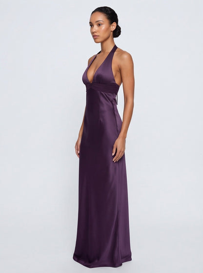 Satin Halter Plunge Maxi Dress