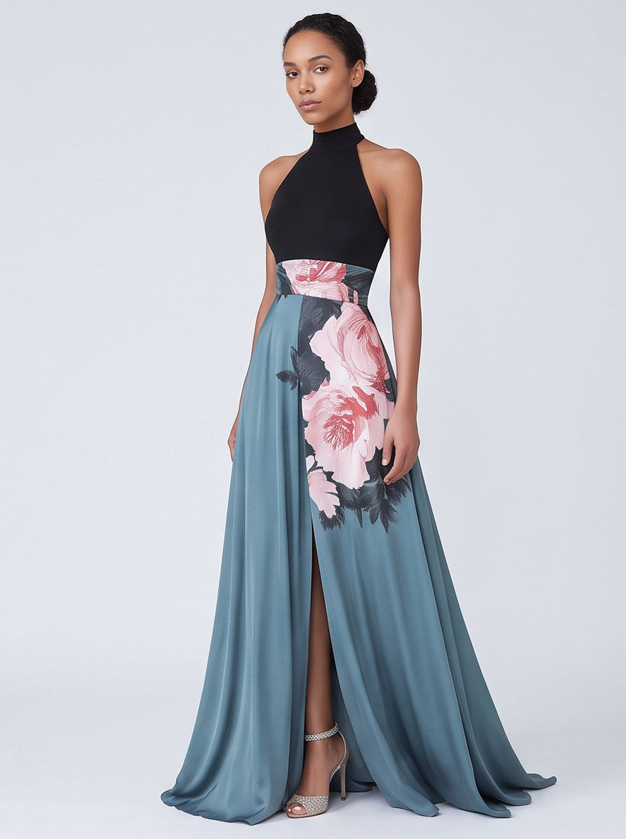 Satin High Neck Floral Maxi Dress