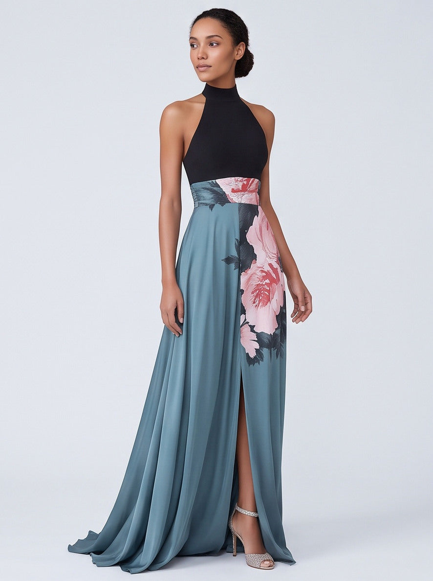 Satin High Neck Floral Maxi Dress