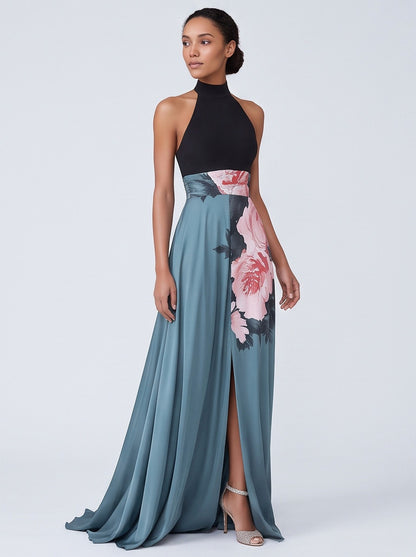 Satin High Neck Floral Maxi Dress