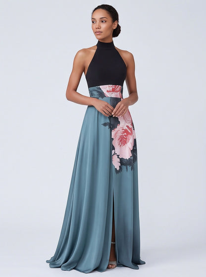 Satin High Neck Floral Maxi Dress