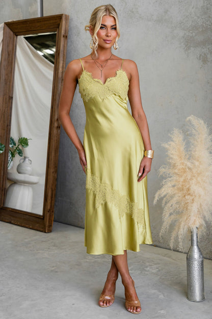 Satin Lace Trim Midi Slip Dress