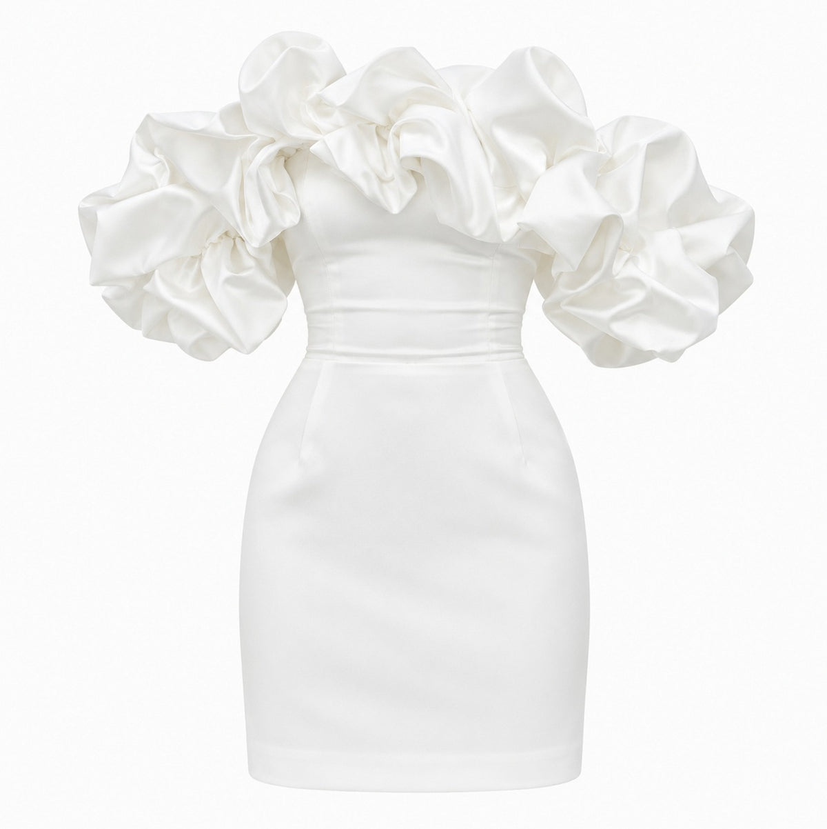 Satin Off Shoulder Puff Sleeve Fitted Mini Dress