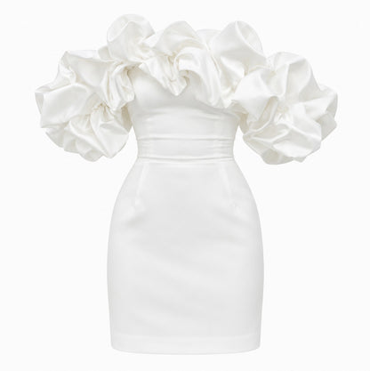 Satin Off Shoulder Puff Sleeve Fitted Mini Dress