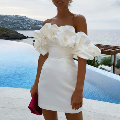 Satin Off Shoulder Puff Sleeve Fitted Mini Dress