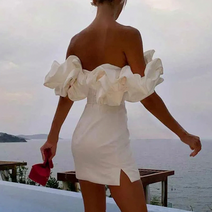 Satin Off Shoulder Puff Sleeve Fitted Mini Dress