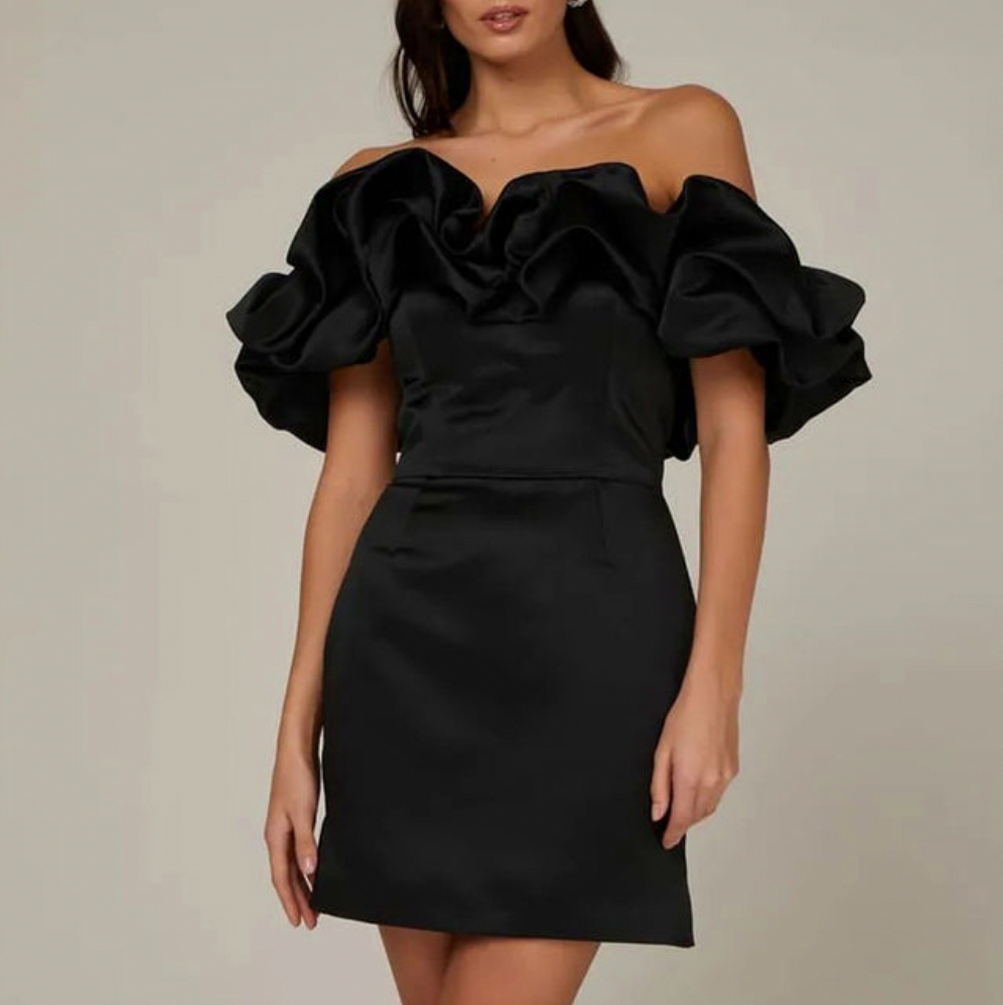 Satin Off Shoulder Puff Sleeve Fitted Mini Dress