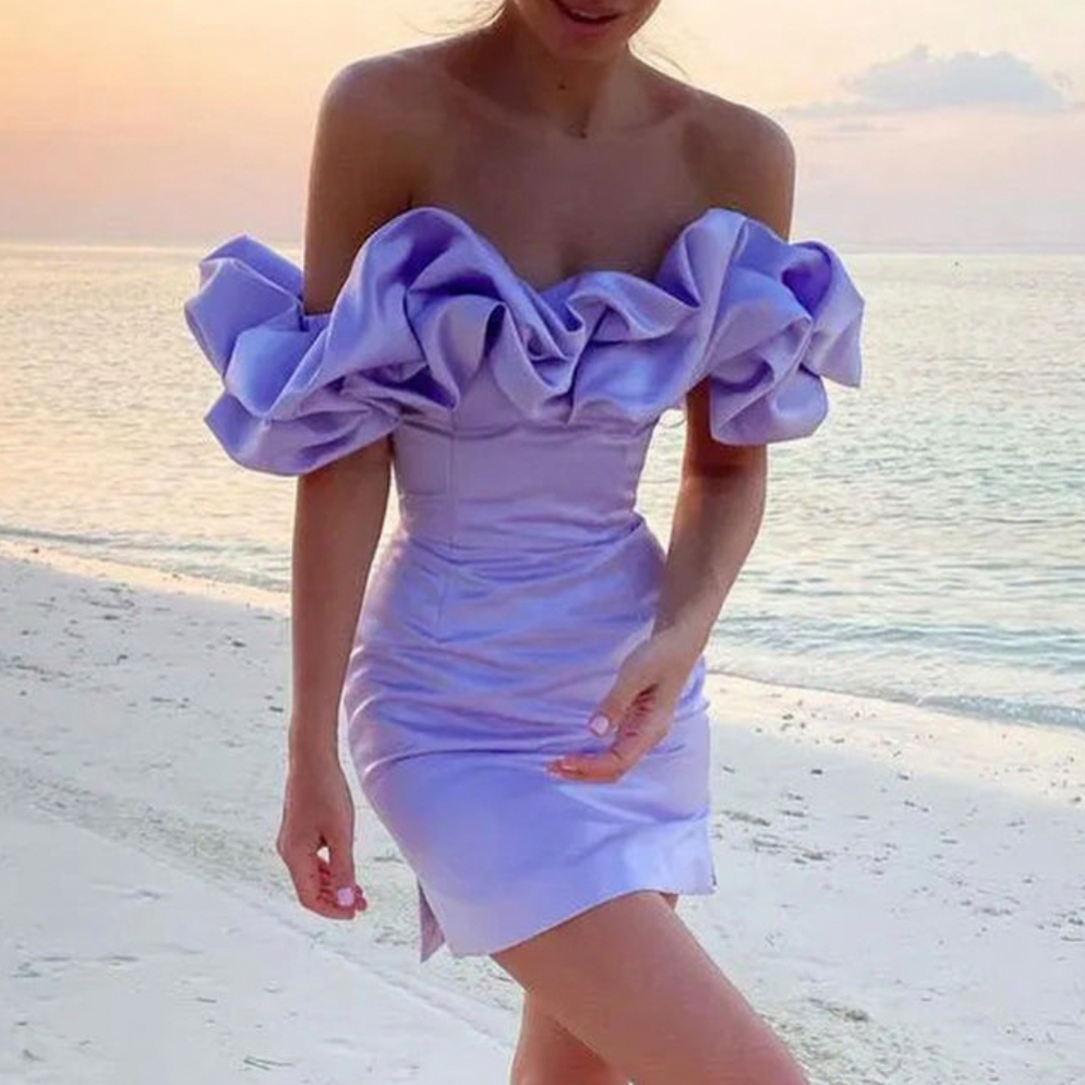 Satin Off Shoulder Puff Sleeve Fitted Mini Dress