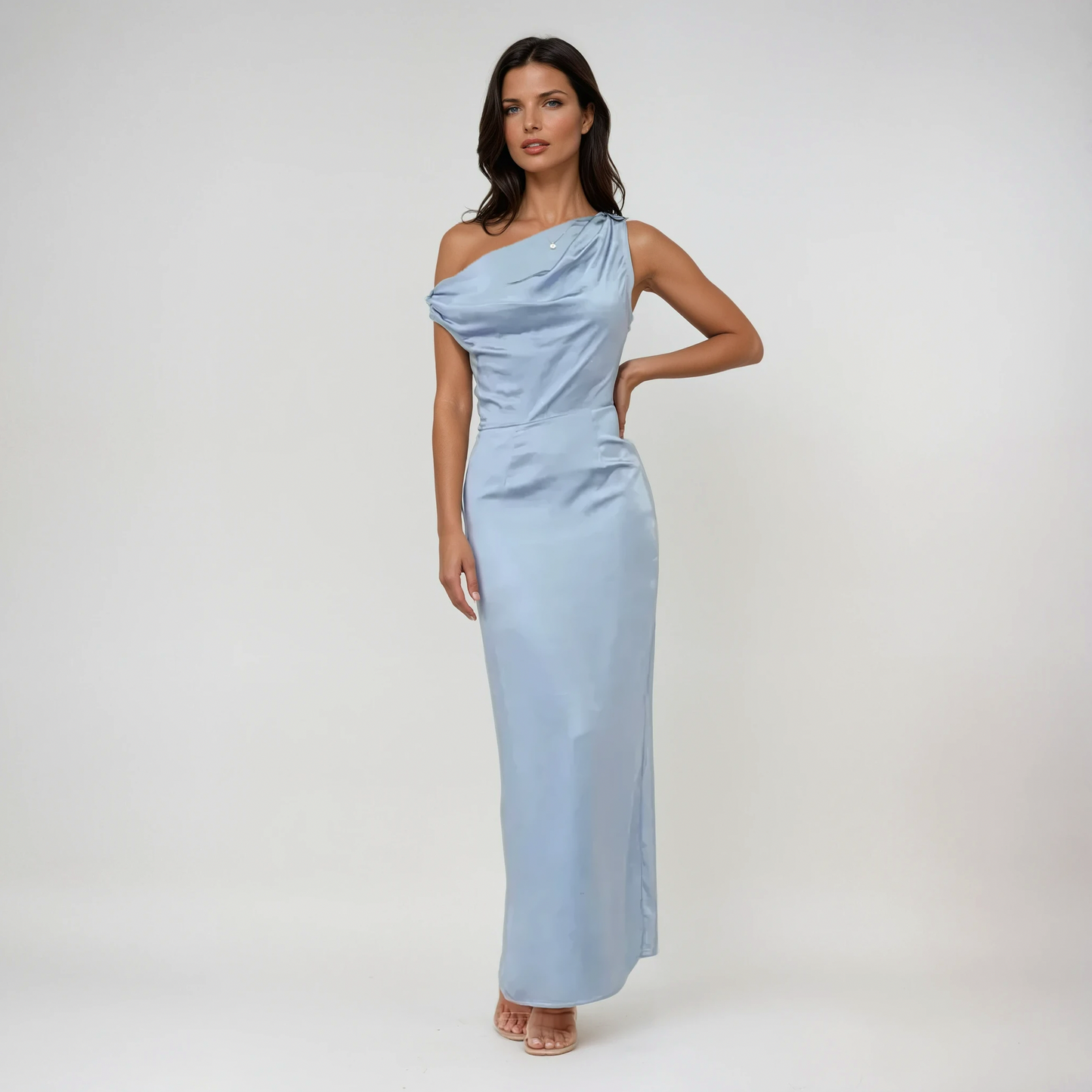 Satin One Shoulder Cowl Maxi Dress