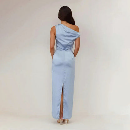 Satin One Shoulder Cowl Maxi Dress