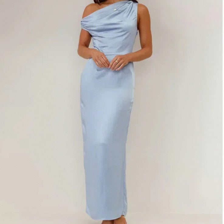 Satin One Shoulder Cowl Maxi Dress