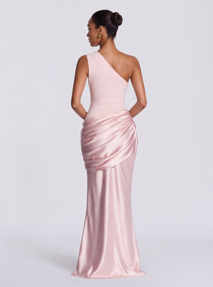 Satin One Shoulder Drop Waist Maxi Dress