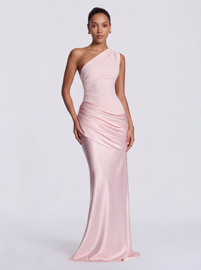 Satin One Shoulder Drop Waist Maxi Dress