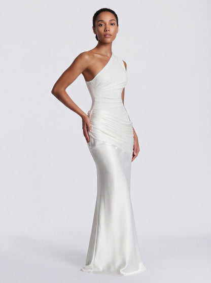 Satin One Shoulder Drop Waist Maxi Dress