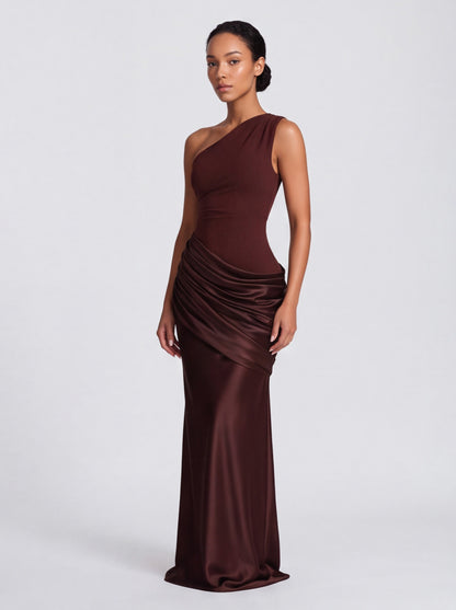 Satin One Shoulder Drop Waist Maxi Dress