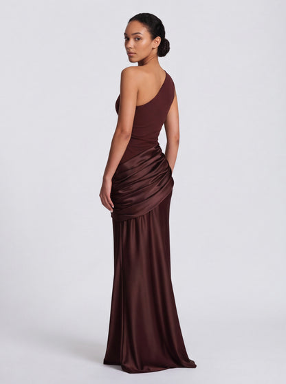 Satin One Shoulder Drop Waist Maxi Dress
