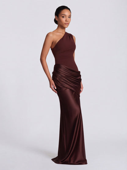 Satin One Shoulder Drop Waist Maxi Dress