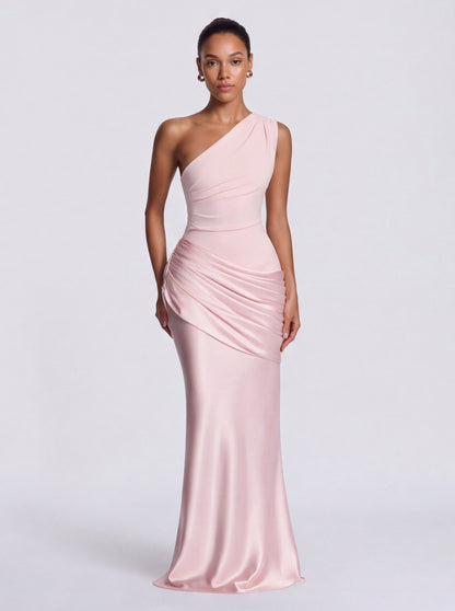 Satin One Shoulder Drop Waist Maxi Dress