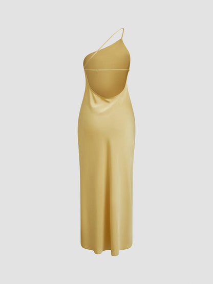 Satin One Shoulder Side Slit Midi Dress