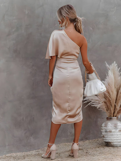 Satin One Shoulder Midi Dress