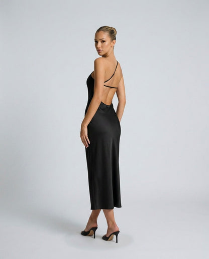 Satin One Shoulder Side Slit Midi Dress