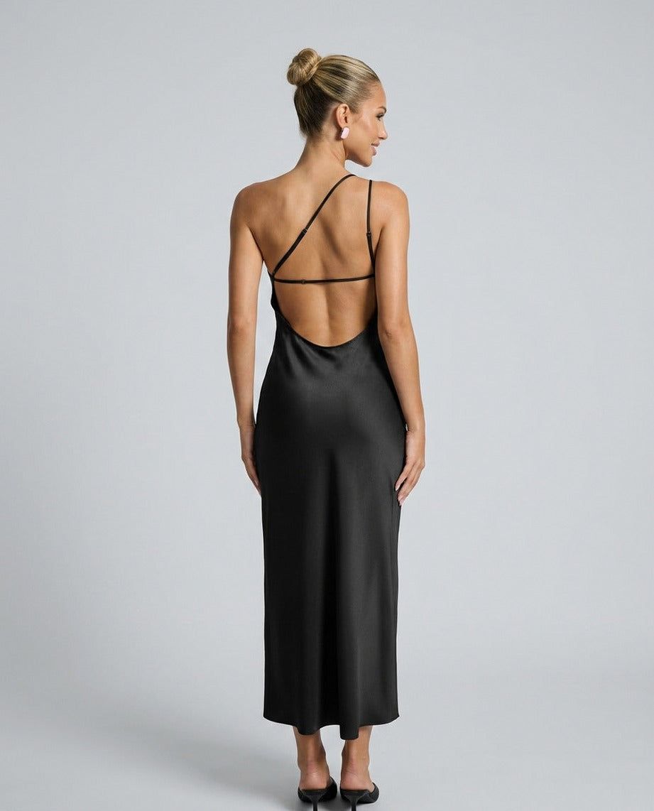 Satin One Shoulder Side Slit Midi Dress