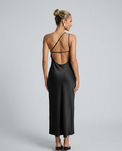 Satin One Shoulder Side Slit Midi Dress