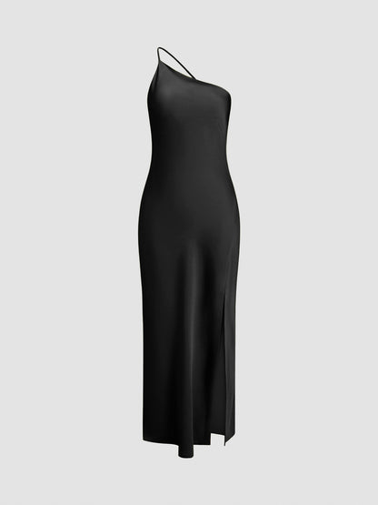 Satin One Shoulder Side Slit Midi Dress