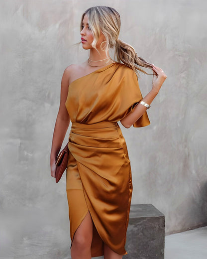 Satin One Shoulder Midi Dress