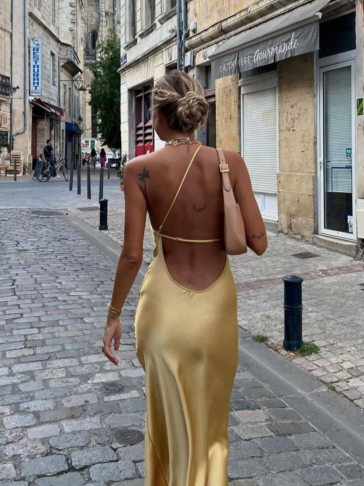 Satin One Shoulder Side Slit Midi Dress