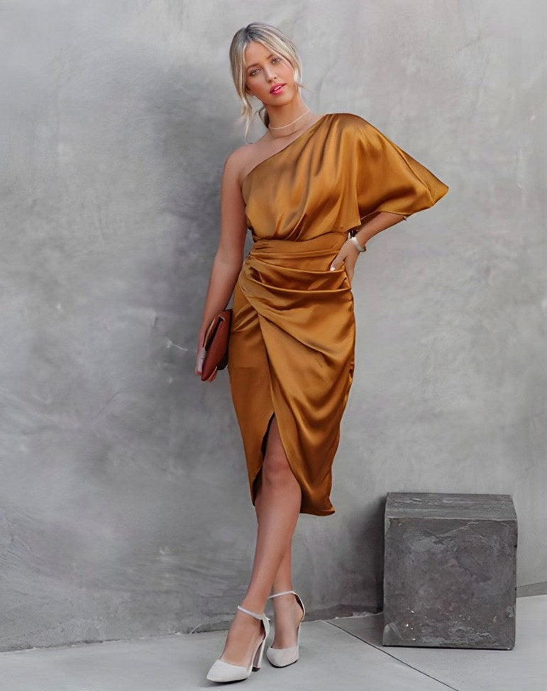 Satin One Shoulder Midi Dress