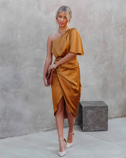 Satin One Shoulder Midi Dress