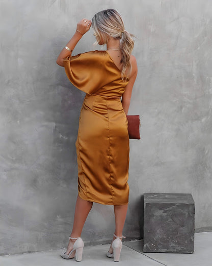 Satin One Shoulder Midi Dress