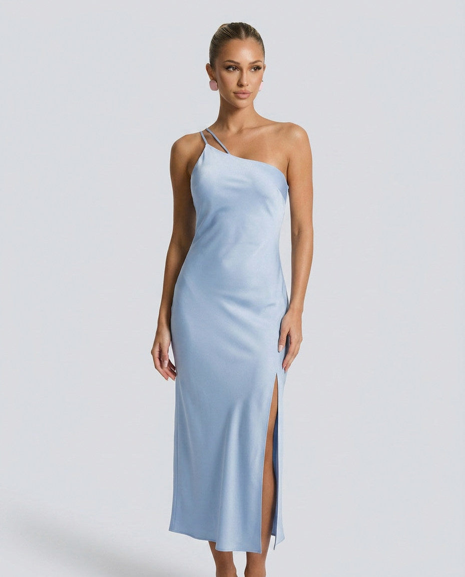 Satin One Shoulder Side Slit Midi Dress